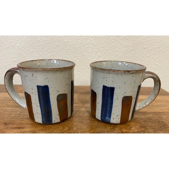 The Unbranded Brand Other - Vintage 70s MCM Coffee Mugs Glazed Beige Brown & Blue Stripes Shimmer Speckled